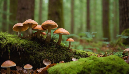 mushrooms growing on mossy stump in forest in autumn.の素材