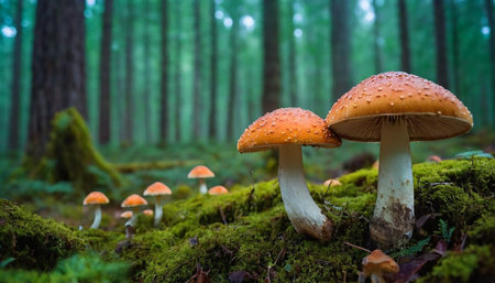 Beautiful orange mushrooms in a mossy forest. Shallow depth of field.の素材