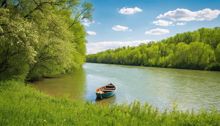 Boat on the river. Summer landscape with green trees and blue skyの素材