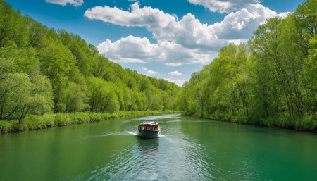 Boat on the river in the forest. Summer landscape with green trees and blue sky.の素材