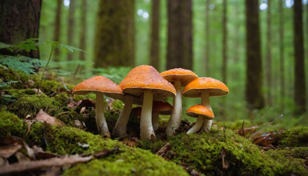 Amanita muscaria mushrooms growing in a mossy forestの素材