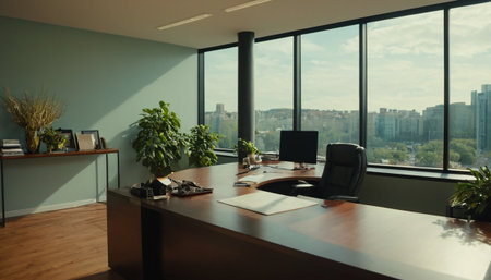 Modern office interior with panoramic window and city view. Nobody insideの素材