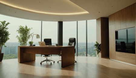 Modern office interior with panoramic window and city view. Nobody insideの素材
