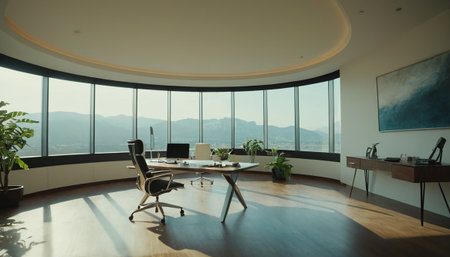 Luxury open space office interior with panoramic window and city viewの素材