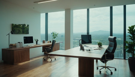 Modern office interior with panoramic window and city view. Nobody insideの素材