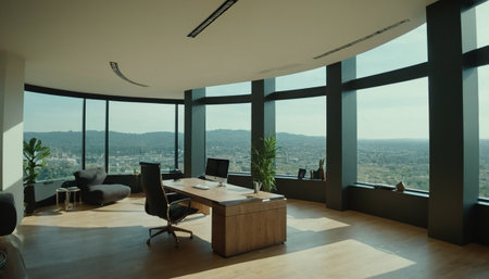 Modern office interior with panoramic view on the city. Nobody insideの素材