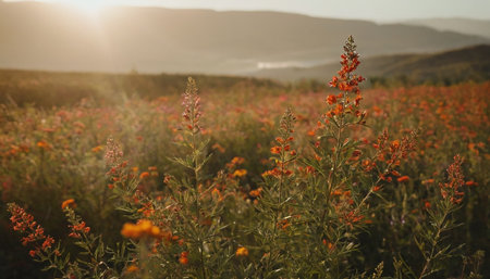 Beautiful orange wildflowers in the field at sunset in summerの素材