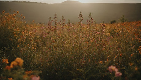 Beautiful wildflowers in the field at sunset. Nature backgroundの素材
