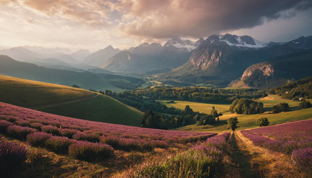 Beautiful alpine landscape with lavender field and mountains at sunsetの素材