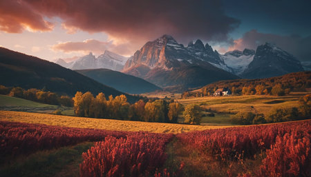 Fantastic autumn landscape. Colorful meadow with red flowers and mountains in background.の素材