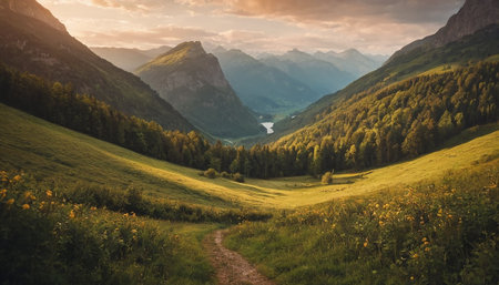 Panoramic view of the alpine valley at sunset. Switzerlandの素材
