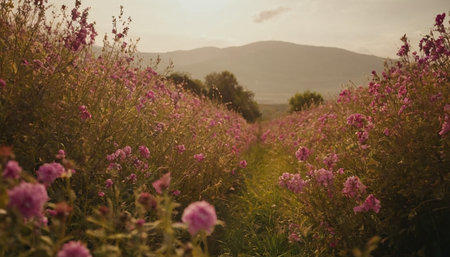 Beautiful meadow with pink flowers in the mountains at sunset.の素材
