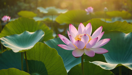Beautiful lotus flower blooming in the pond with sunlight.の素材