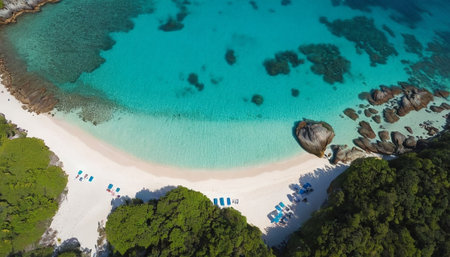 Aerial view of beautiful beach with white sand and turquoise waterの素材