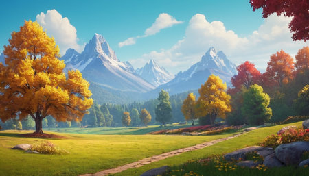 Beautiful autumn landscape with alpine meadow and mountain peaks.の素材