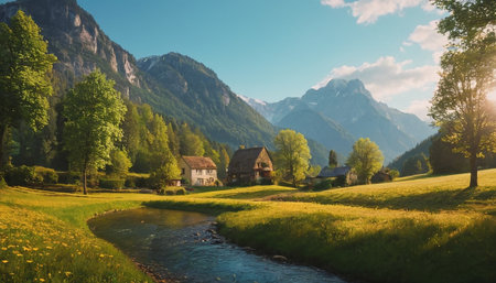 Idyllic alpine landscape with small village and meadow with dandelions in foreground, Bavaria, Germanyの素材