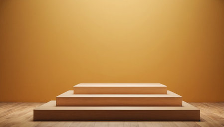 Wooden podium on wooden floor in front of orange wall. 3d renderingの素材