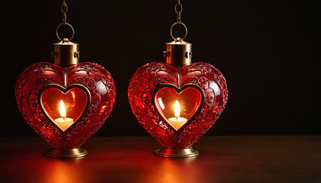 Valentine's day greeting card with two red heart shaped candlesの素材