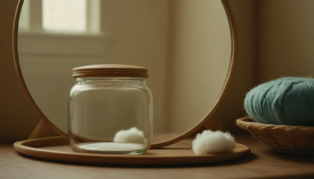 Glass jar with cotton wool balls and round mirror on wooden table in bathroomの素材