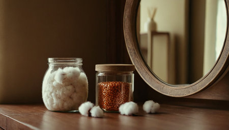 Glass jar with cotton balls and mirror on wooden table. Interior designの素材