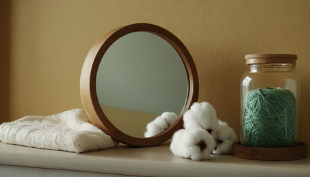 Wooden round mirror, cotton branch and cotton ball on the shelfの素材