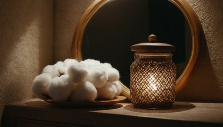 Cotton flower and candle holder on bedside table in bedroom.の素材