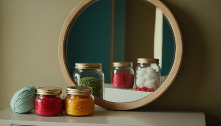 Wooden round mirror with balls of yarn in glass jars on the shelfの素材