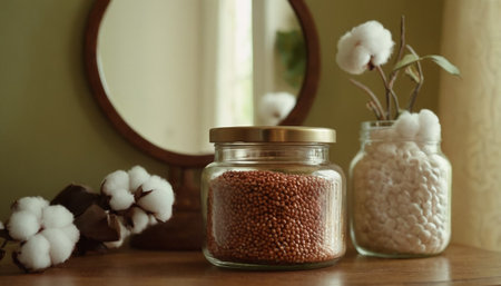 A jar of buckwheat on a wooden table next to a mirrorの素材