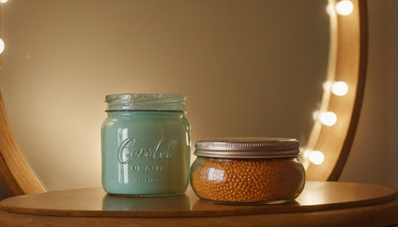 Jars of body care products on the table in front of a mirrorの素材