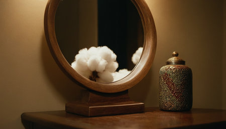 Vintage mirror with cotton ball on the table. Close up view.の素材