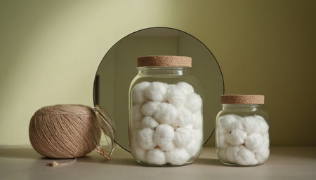 Cotton wool balls in glass jars and a skein of yarn on a light backgroundの素材