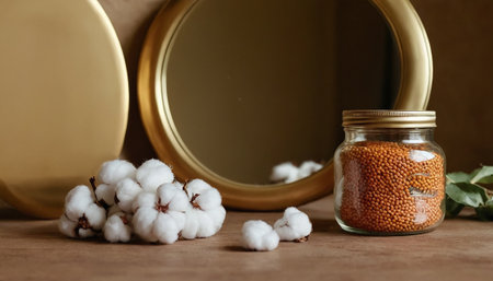 Glass jar with dry buckwheat seeds and mirror on wooden tableの素材