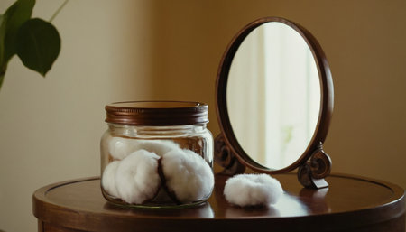 A cotton ball in a glass jar and a mirror on a wooden tableの素材