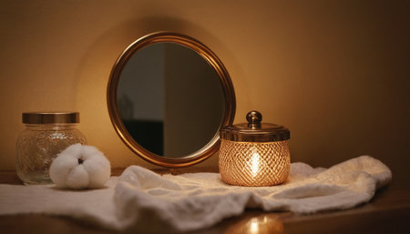 candle holder and mirror on a wooden table with a white towelの素材