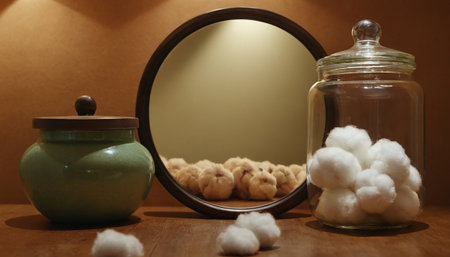 Cotton balls in a glass jar and round mirror on a wooden tableの素材
