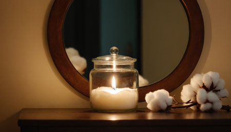 Candle and cotton branch on the table in front of the mirrorの素材