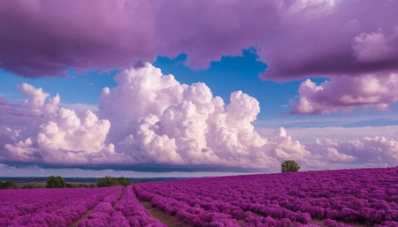 Lavender field and purple sky with clouds. Beautiful landscape.の素材