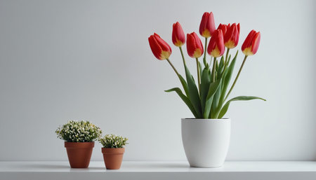 Red tulips in a white vase on a white background.の素材