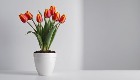 Red and yellow tulips in a white vase on a white backgroundの素材