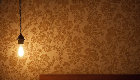 Vintage light bulb on the wall with damask wallpaper background.の素材