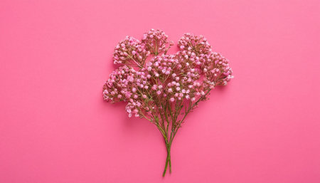 Pink gypsophila flowers on pink background. Flat lay, top viewの素材