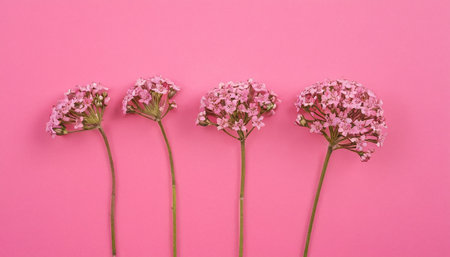 Beautiful pink flowers on a pink background. Flat lay, top view.の素材