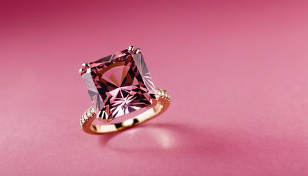 Wedding ring with gemstone on pink background, closeupの素材