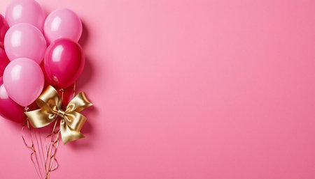 Pink balloons with golden bow on pink background. Top view with copy spaceの素材