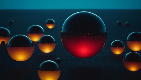 3d render of glass spheres with red light in dark space.の素材
