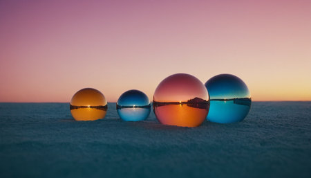 Colorful glass balls on the snow at sunset. Christmas and New Year background.の素材
