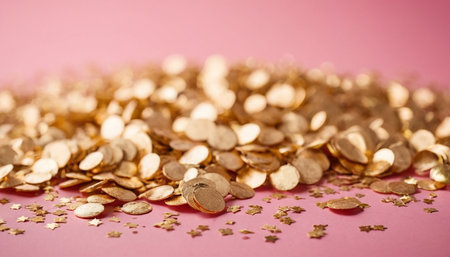 Golden confetti on a pink background. Shallow depth of field.の素材