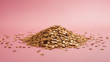 Pile of golden coins on a pink background. Copy space.の素材