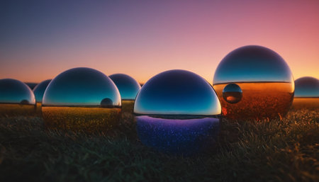 Colorful glass balls in a field with sunset in the background.の素材