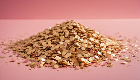 Heap of golden confetti on pink background with copy space.の素材